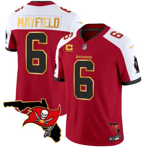 Men's Tampa Bay Buccaneers #6 Baker Mayfield Red/White F.U.S.E. With 4-star C Ptach And Florida Patch Gold Trim Vapor Stitched Jersey